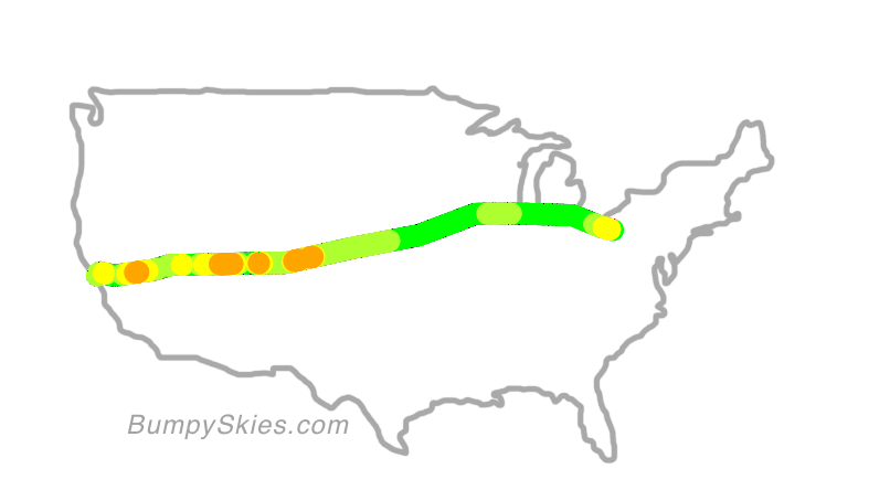 Map of continental US with illustrated flight path and turbulence forecast (described in text below)