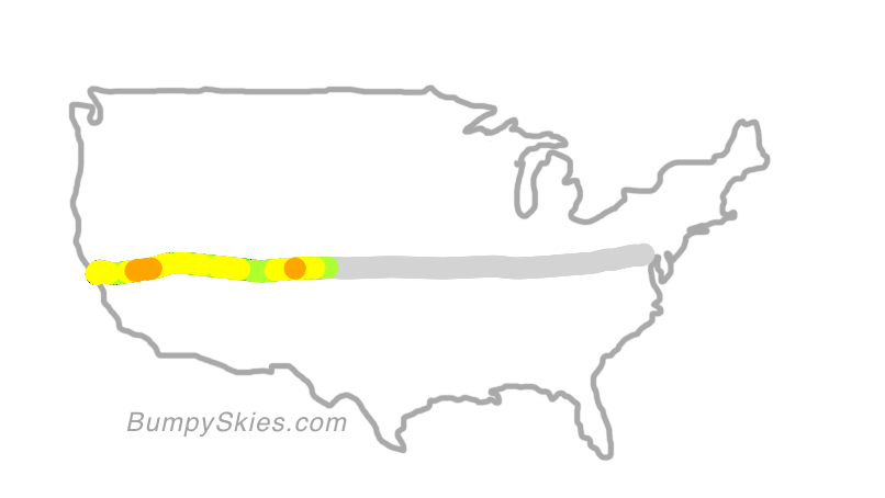 Map of continental US with illustrated flight path and turbulence forecast (described in text below)