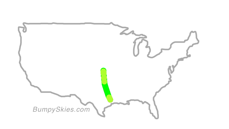 Map of continental US with illustrated flight path and turbulence forecast (described in text below)