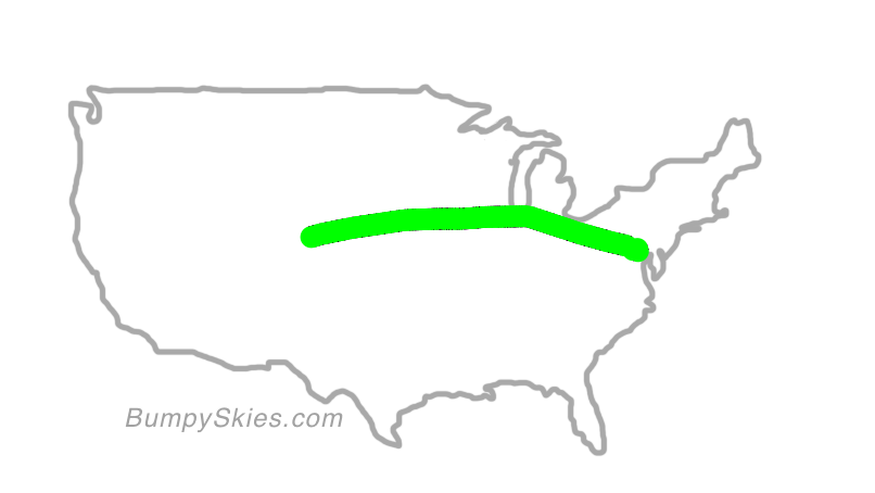 Map of continental US with illustrated flight path and turbulence forecast (described in text below)
