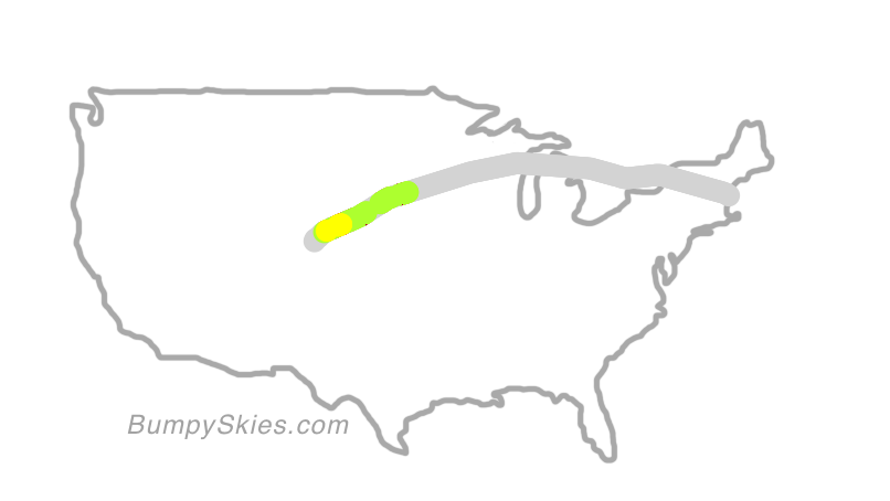 Map of continental US with illustrated flight path and turbulence forecast (described in text below)