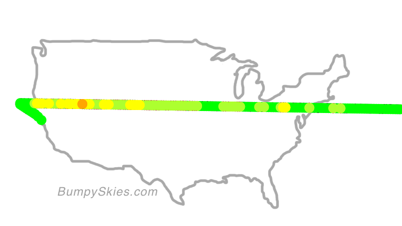 Map of continental US with illustrated flight path and turbulence forecast (described in text below)