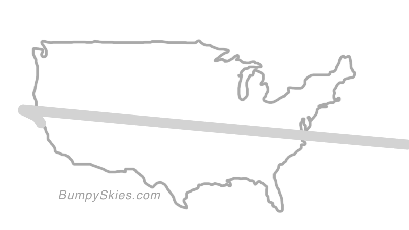 Map of continental US with illustrated flight path and turbulence forecast (described in text below)