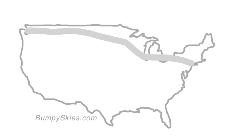 Map of continental US with illustrated flight path and turbulence forecast (described in text below)