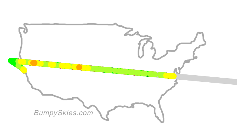 Map of continental US with illustrated flight path and turbulence forecast (described in text below)