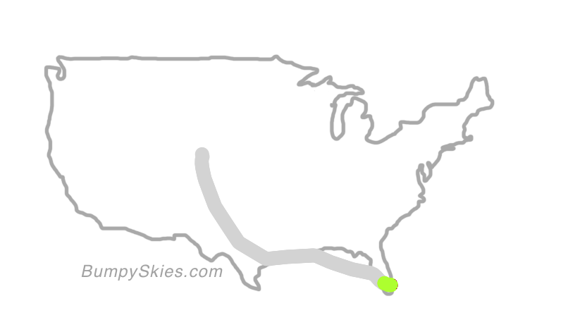 Map of continental US with illustrated flight path and turbulence forecast (described in text below)