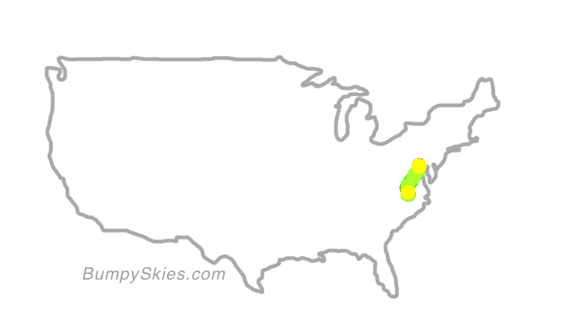 Map of continental US with illustrated flight path and turbulence forecast (described in text below)