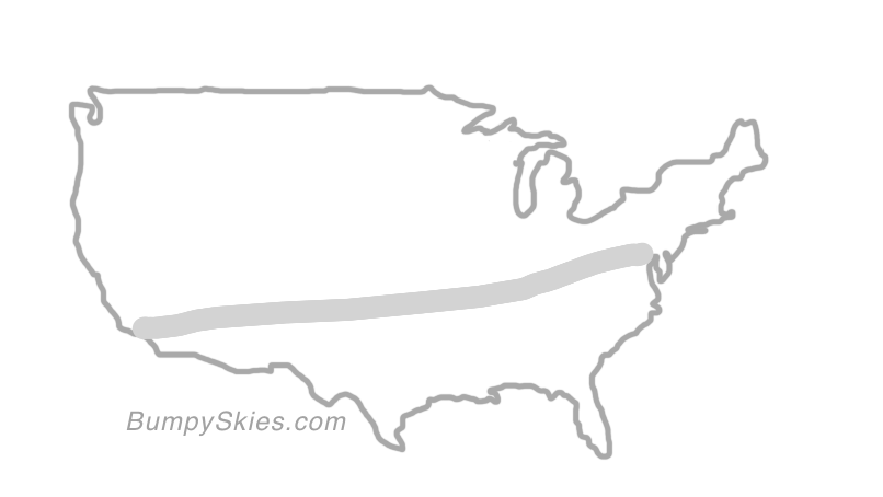 Map of continental US with illustrated flight path and turbulence forecast (described in text below)