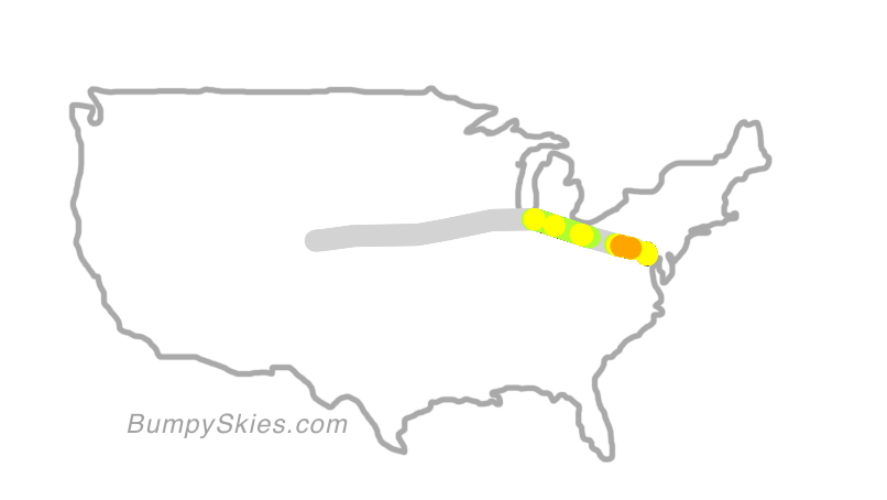 Map of continental US with illustrated flight path and turbulence forecast (described in text below)