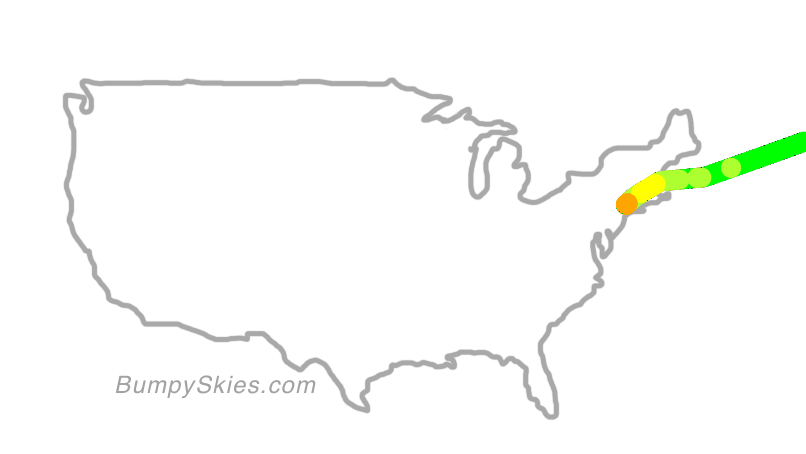 Map of continental US with illustrated flight path and turbulence forecast (described in text below)