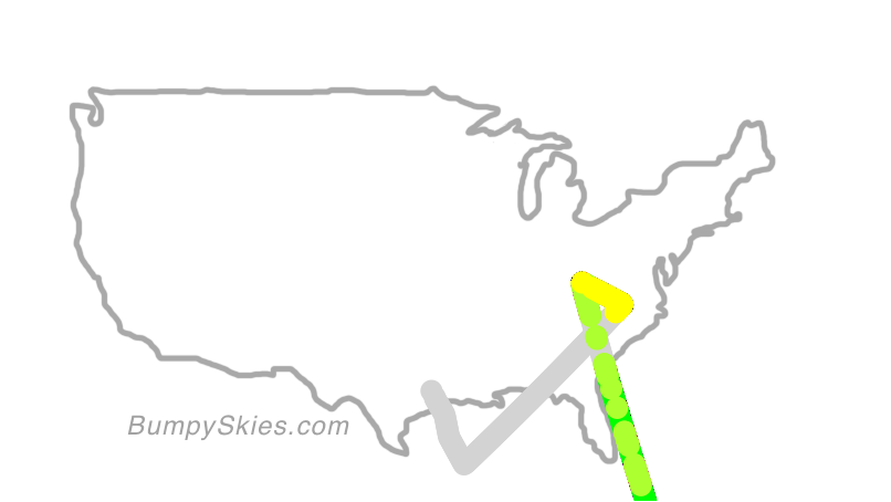 Map of continental US with illustrated flight path and turbulence forecast (described in text below)