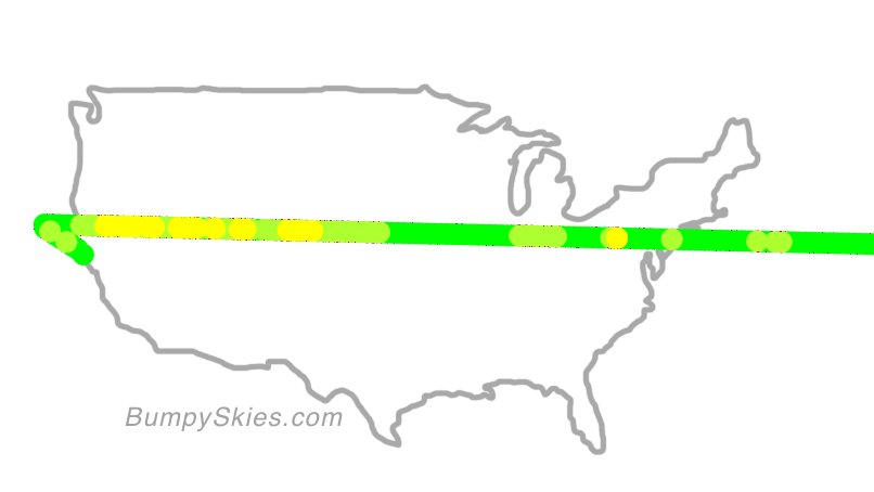 Map of continental US with illustrated flight path and turbulence forecast (described in text below)