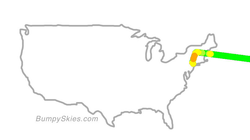 Map of continental US with illustrated flight path and turbulence forecast (described in text below)