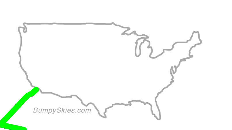 Map of continental US with illustrated flight path and turbulence forecast (described in text below)