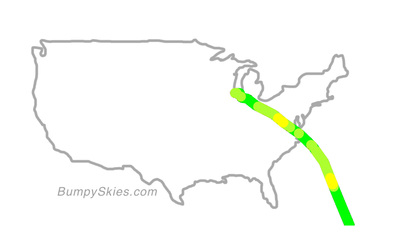 Map of continental US with illustrated flight path and turbulence forecast (described in text below)
