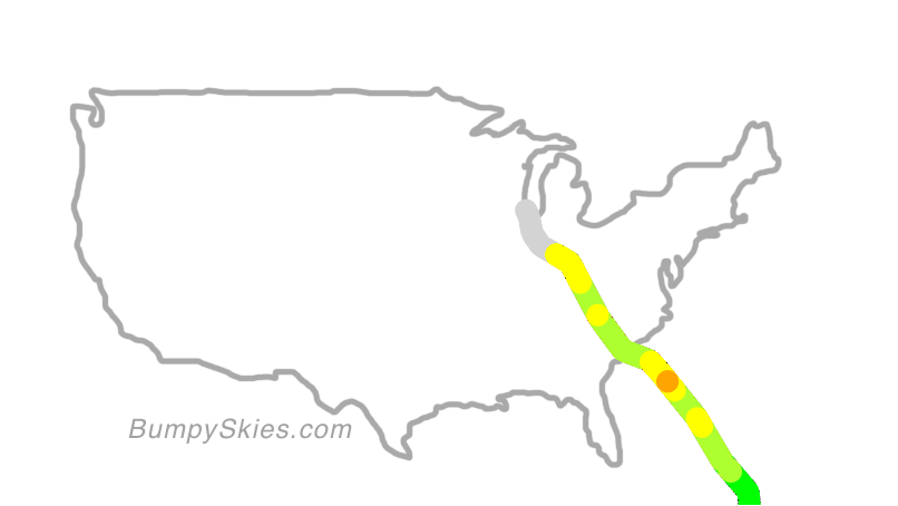Map of continental US with illustrated flight path and turbulence forecast (described in text below)