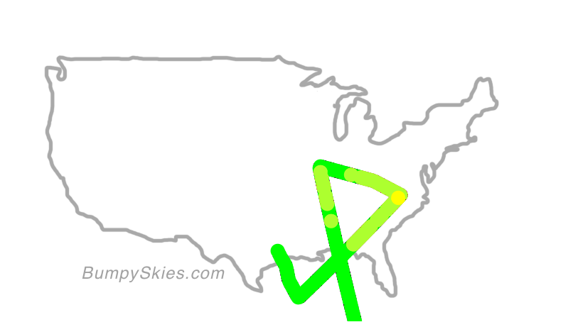 Map of continental US with illustrated flight path and turbulence forecast (described in text below)