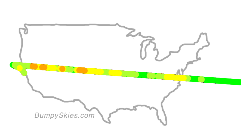 Map of continental US with illustrated flight path and turbulence forecast (described in text below)