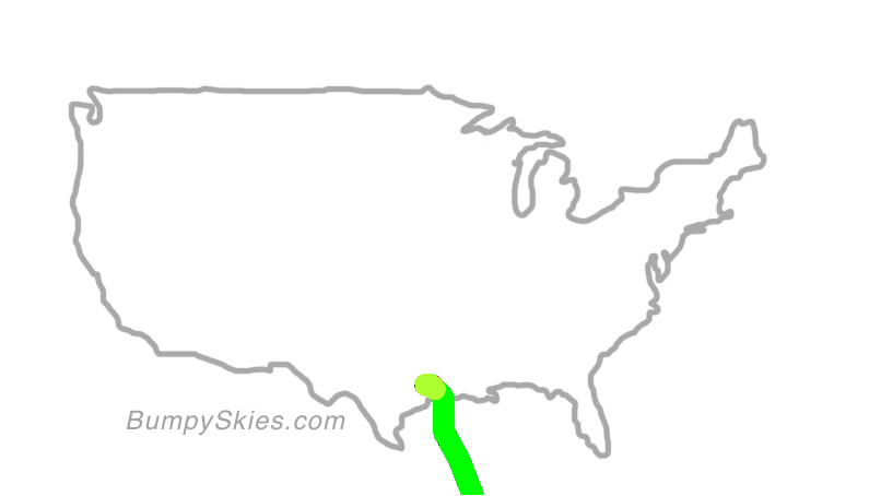 Map of continental US with illustrated flight path and turbulence forecast (described in text below)
