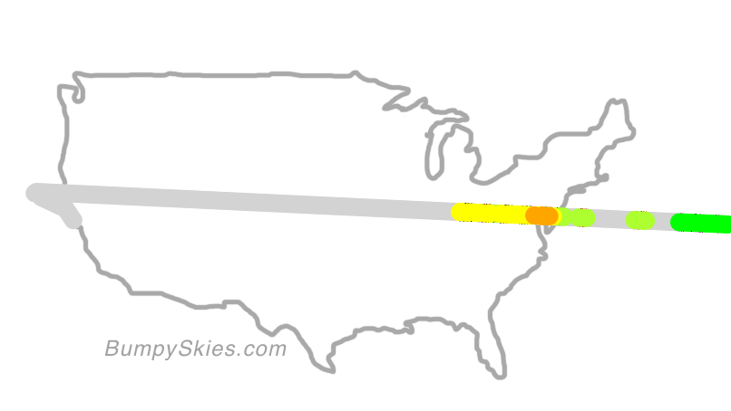 Map of continental US with illustrated flight path and turbulence forecast (described in text below)