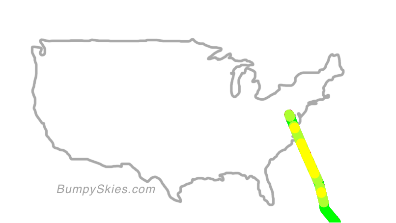 Map of continental US with illustrated flight path and turbulence forecast (described in text below)