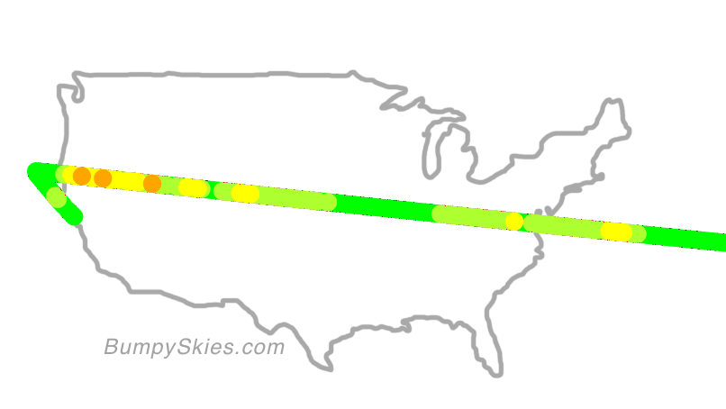 Map of continental US with illustrated flight path and turbulence forecast (described in text below)