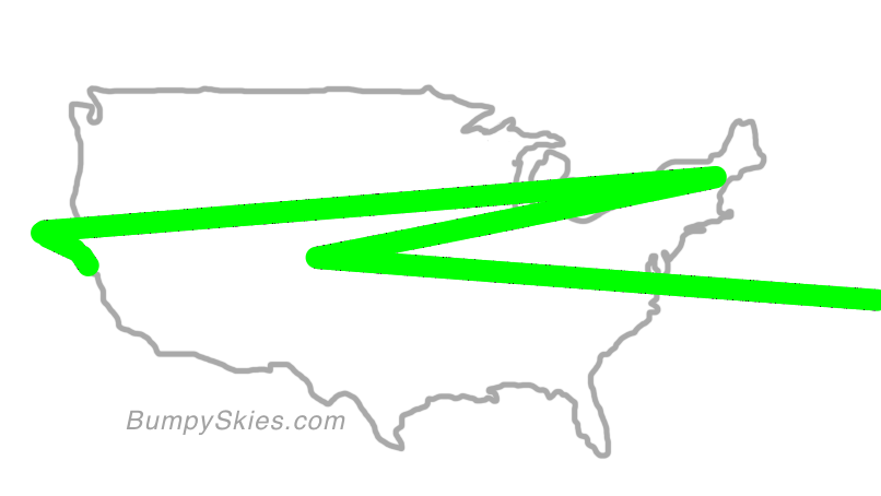 Map of continental US with illustrated flight path and turbulence forecast (described in text below)