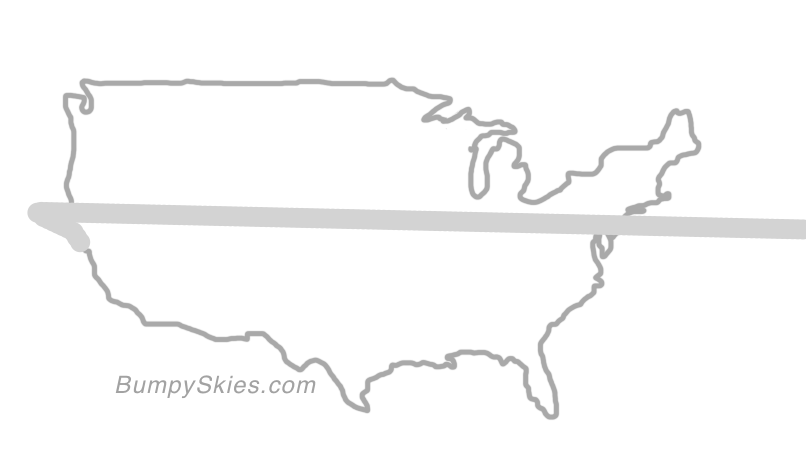 Map of continental US with illustrated flight path and turbulence forecast (described in text below)