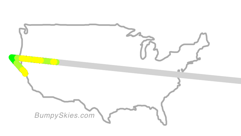 Map of continental US with illustrated flight path and turbulence forecast (described in text below)