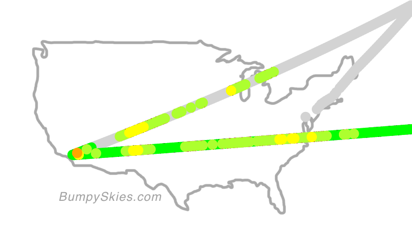 Map of continental US with illustrated flight path and turbulence forecast (described in text below)
