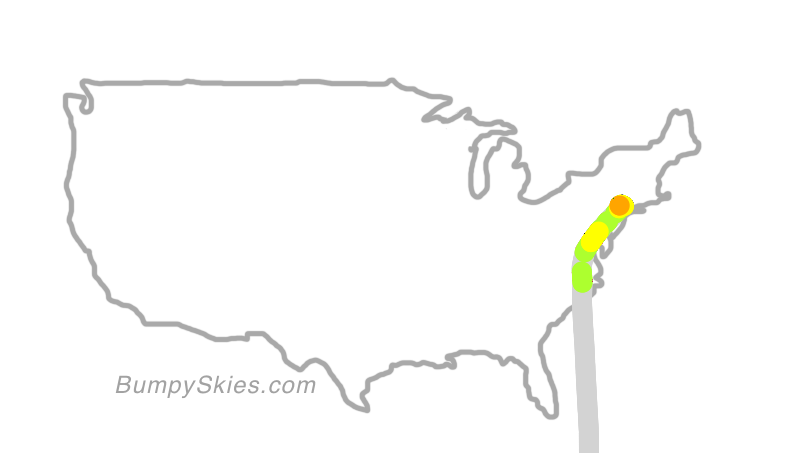 Map of continental US with illustrated flight path and turbulence forecast (described in text below)