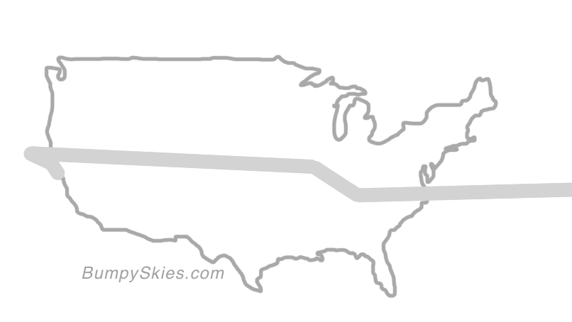 Map of continental US with illustrated flight path and turbulence forecast (described in text below)