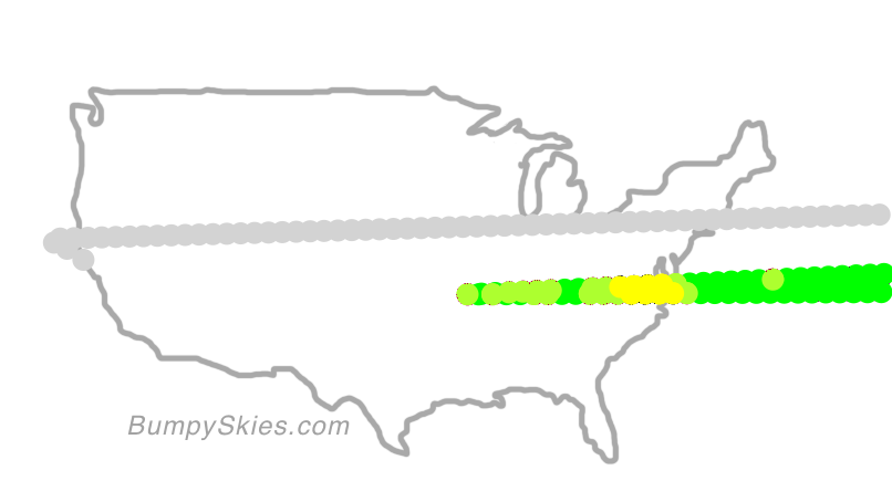Map of continental US with illustrated flight path and turbulence forecast (described in text below)