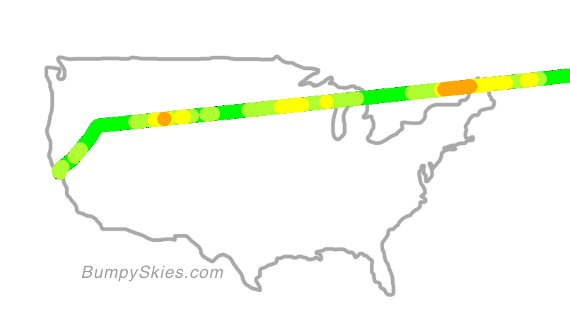 Map of continental US with illustrated flight path and turbulence forecast (described in text below)