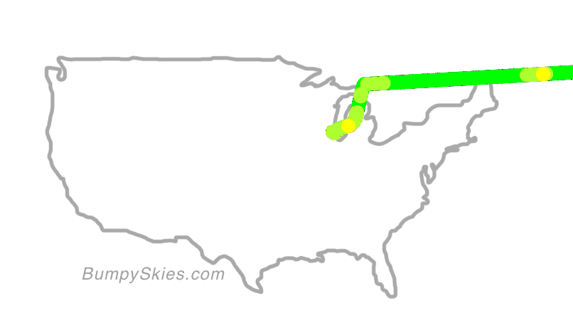 Map of continental US with illustrated flight path and turbulence forecast (described in text below)