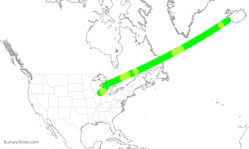 Turbulence forecast map for UAL913, KEF to ORD