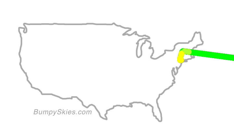 Map of continental US with illustrated flight path and turbulence forecast (described in text below)