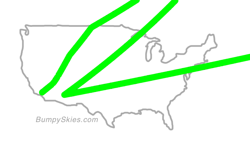 Map of continental US with illustrated flight path and turbulence forecast (described in text below)