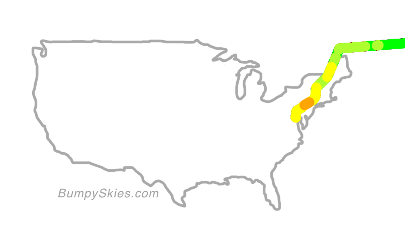 Map of continental US with illustrated flight path and turbulence forecast (described in text below)