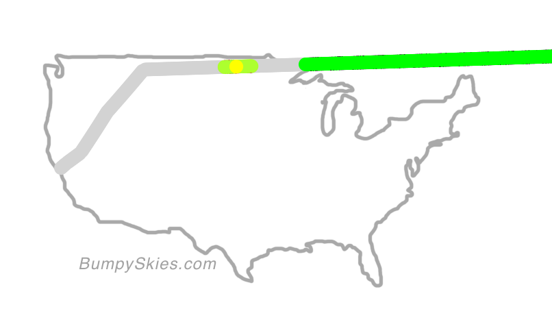 Map of continental US with illustrated flight path and turbulence forecast (described in text below)