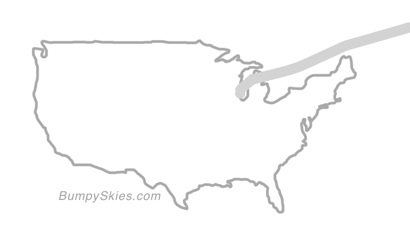Map of continental US with illustrated flight path and turbulence forecast (described in text below)