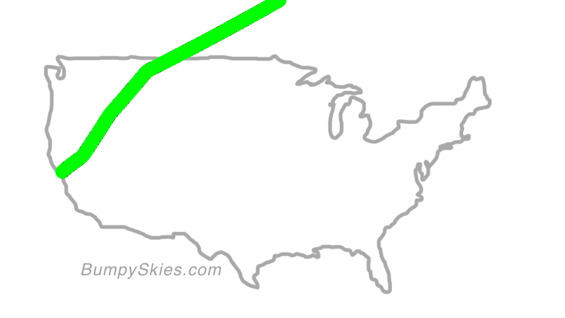 Map of continental US with illustrated flight path and turbulence forecast (described in text below)