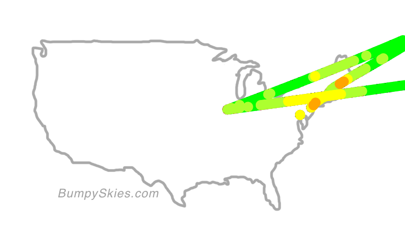 Map of continental US with illustrated flight path and turbulence forecast (described in text below)