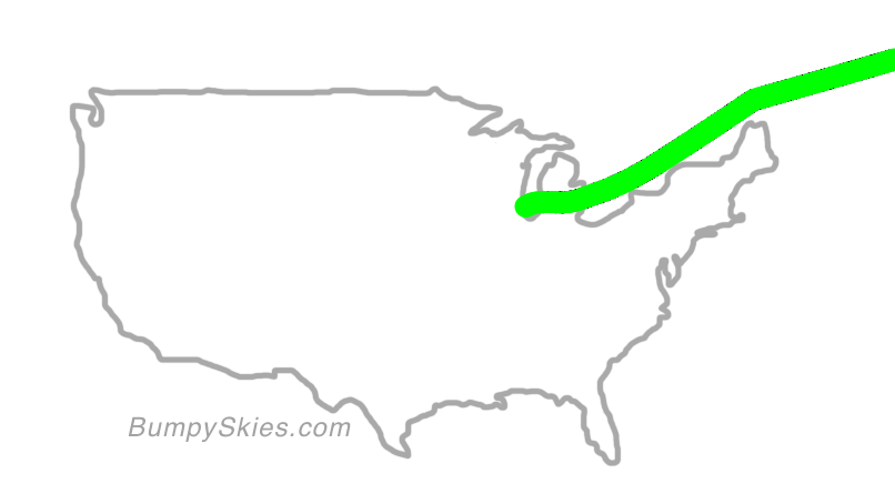 Map of continental US with illustrated flight path and turbulence forecast (described in text below)