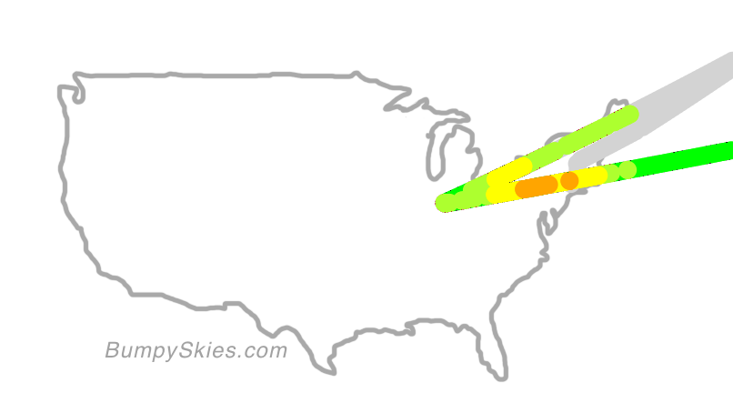 Map of continental US with illustrated flight path and turbulence forecast (described in text below)