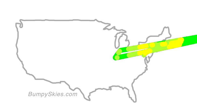 Map of continental US with illustrated flight path and turbulence forecast (described in text below)