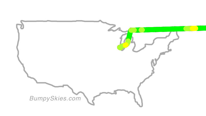 Map of continental US with illustrated flight path and turbulence forecast (described in text below)