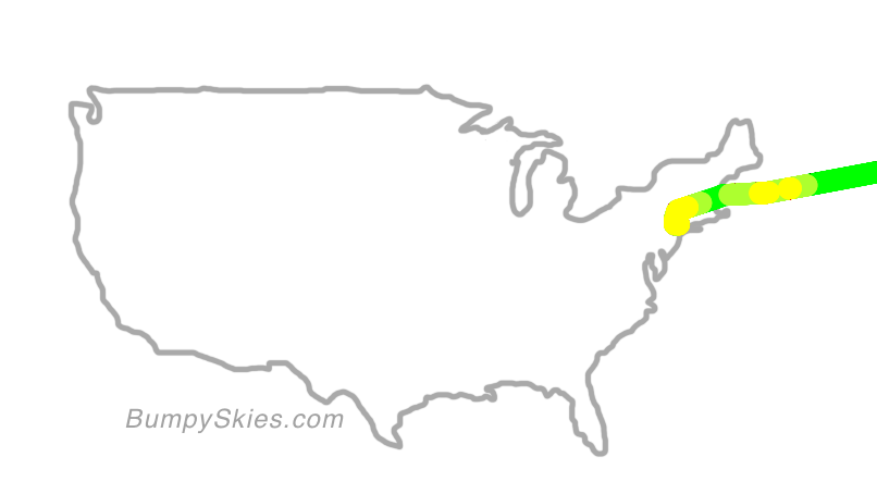 Map of continental US with illustrated flight path and turbulence forecast (described in text below)