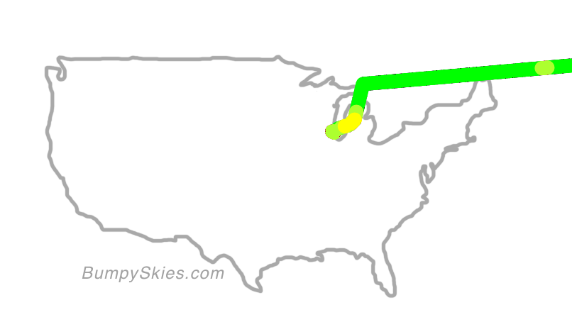 Map of continental US with illustrated flight path and turbulence forecast (described in text below)