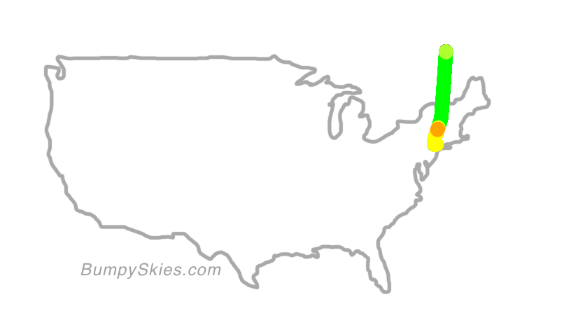 Map of continental US with illustrated flight path and turbulence forecast (described in text below)